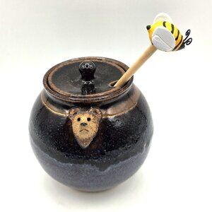 Honey Pot Bear Face Studio Art Stoneware Pottery Lid Wood Dipper Artist Signed